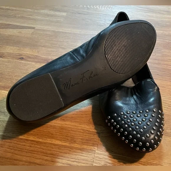 MARC FISCHER Black Leather, Silver Stud Flats (7M) - Picture 2 of 5